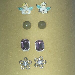 Set of Four Pairs of Vintage Boho Floral Stud Earrings